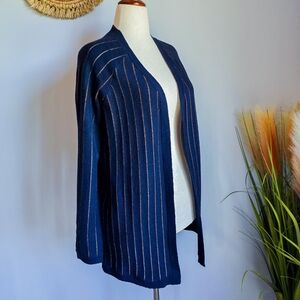 FRNCH Paris Navy Gold Shimmer Stripe Open Front Cardigan Sweater Size Medium